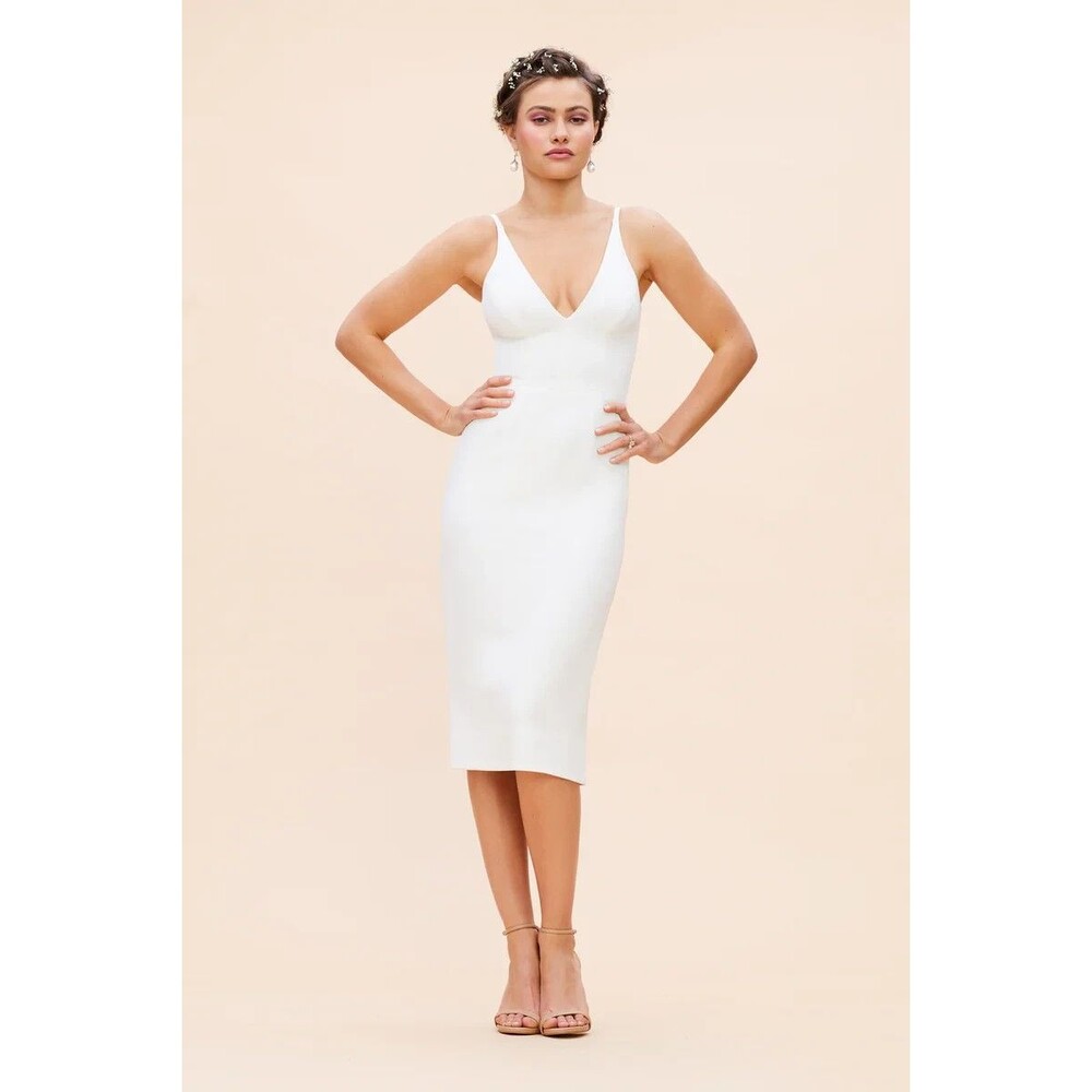 Dress the Population Womens Cocktail Dress Lyla Crepe Sheath Large Off White